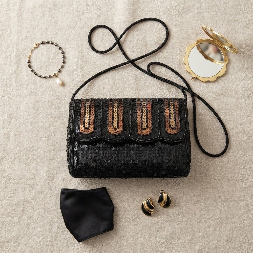 La Regale Evening Bag Women Small Black Sequin Beaded Vintage Crossbody Formal